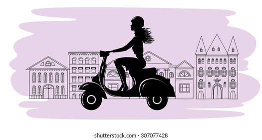 Girl in dress riding a scooter. The silhouette of the girl on the background of the city. Vector illustration.