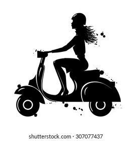 Girl In Dress Riding A Scooter. Silhouette. Vector Illustration.