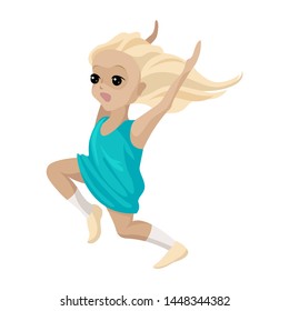 The girl in the dress runs away, strong fright on her face, screaming and waving her arms. Vector illustration in cartoon flat style.