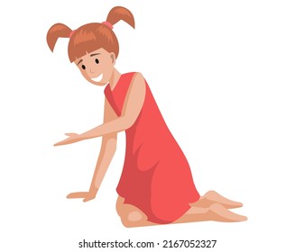 Girl in dress sits and smiles. Cartoon character looking ang pointing at something. Excited child demonstrating with hand. Funny lady with ponytails sitting with outstretched hand vector illustration