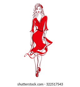 Girl in dress , sketch , vector, model , fashion
