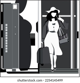 A girl in a dress with suitcases is traveling