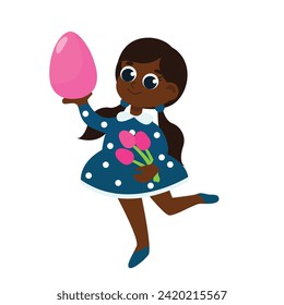 A girl in a dress with tulips in her hands and an egg. The child is ready to celebrate Easter. Illustration in cartoon style isolated on white background.