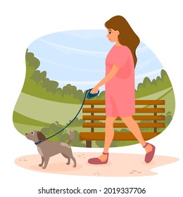 Chica vestida caminando con perro corredizo en el parque de verano. Ilustración vectorial.