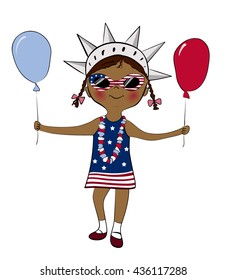 Girl dressed in american flag style holding balloons. 4th of July, USA Independence Day parade. America national celebration vector design.