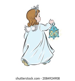 Girl dressed as an angel carries a candlestick. Catholic and Orthodox creed. The God. Christmas decor for cards, stickers, posters, prints. Hand drawn illustration for children book