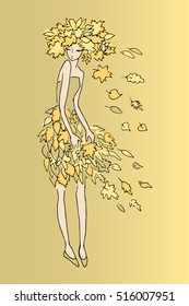 A girl dressed in autumn leaves.