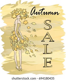 Girl dressed in autumn leaves. Autumn sale design concept.