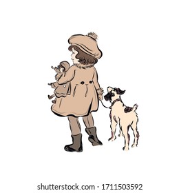 Girl dressed in autumn warm clothes holds doll. Young lady in vintage style in coat camel color with fur collar and cuffs and beret with pompom.