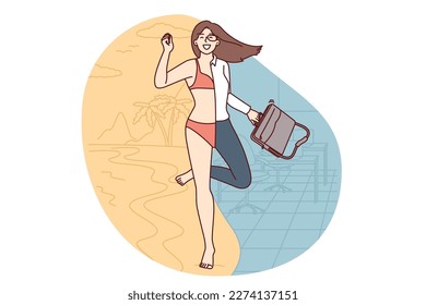 Girl dressed in bikini and office clothes at same time for concept leaving for long-awaited vacation. Successful businesswoman running away from work for vacation in tropical resort or sunny island 