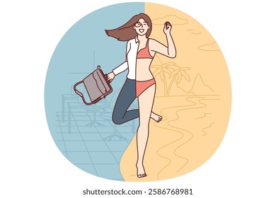 Girl dressed in bikini and office clothes at same time for concept leaving for long-awaited vacation. Successful businesswoman running away from work for vacation in tropical resort or sunny island