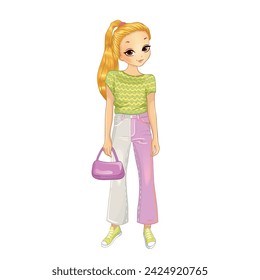 Girl dressed in bright light green shirt and colorful jeans