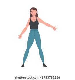 Girl Dressed Casual Clothes Standing with Wide Open Hands, Welcome, Solidarity, Friendship and Charity Concept Cartoon Style Vector Illustration