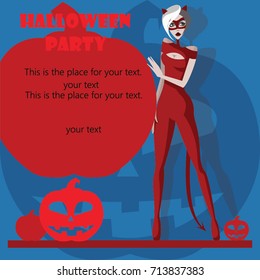 Girl dressed as cat women for Halloween, cartoon style vector illustration isolated on background. 