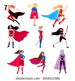 The girl is dressed in the clothes of various super heroes