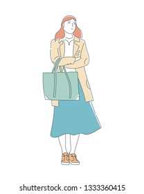 Girl dressed in a coat and skirt. Isolated shopping woman standing full body with bag. Beautiful young woman wearing trendy clothes. Fashion model.  Hand drawn style vector doodle design illustrations