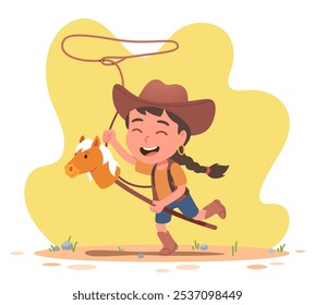 Girl dressed as cowboy playing with hobby horse and lasso. Cowgirl kid riding stick horse. Cheerful person cartoon character laughing, wear cowboy hat costume western game activity vector illustration