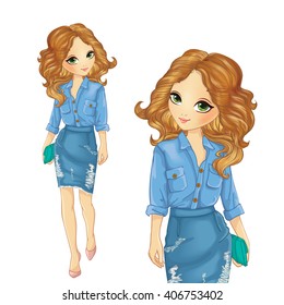 Girl Dressed In Denim Skirt And Shirt