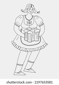 A girl dressed in Dirndl is holding a lot of mugs of beer. Black and white vector outline illustration for Octoberfest.