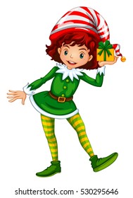 Girl dressed up in elf outfit holding present box illustration