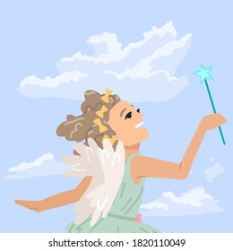 Girl dressed as a fairy, an angel flies in the sky, a little sorceress in the clouds. Conjures with a magic wand. Vector character illustration. Cartoon style. Postcard design.