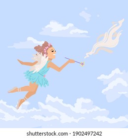 Girl dressed as a fairy, an angel flies in the sky, a little sorceress in the clouds. Conjures with a magic wand. Vector character illustration. Cartoon style. Postcard design.