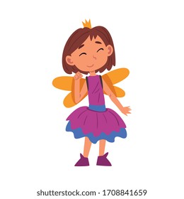 Girl Dressed as Fairy Princess, Cute Kid Playing Dress Up Game Cartoon Vector Illustration