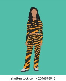 A girl dressed in fashionable clothes with a tiger's smoke. Cartoon female character isolated on iridescent background. Colored vector illustration in a modern flat style.