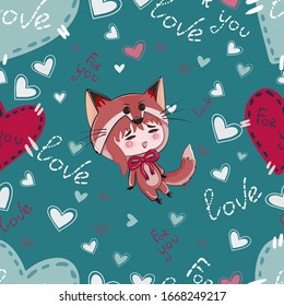 A girl dressed as a fox . Surrounded by beautiful hearts. festive seamless background, vector illustration, stock