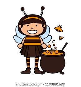 girl dressed up as a halloween bee with cauldron
