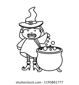 girl dressed up as a halloween witch with cauldron