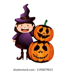 girl dressed up as a halloween witch and pumpkins