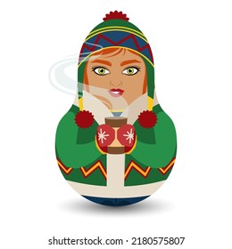 A girl dressed in a hat with hanging pom-poms and warm clothes holds a hot drink in her hand. Modern kawaii dolls for your business project. Flat vector illustration.