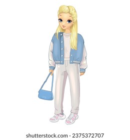 Girl dressed iin in a blue bomber jacket and trousers