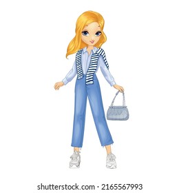 Girl dressed in jeans and blue shirt with striped blouse thrown over the shoulders