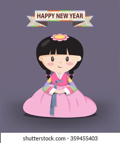 A Girl dressed in Korean traditional costume called Han-bok is bowing for the holiday. Happy new year included. 