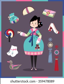 A Girl dressed in Korean traditional costume called Han-bok and accessories.
Chinese letter meaning "Good luck" included.