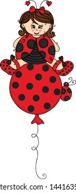 Girl dressed of ladybug flying on top of balloon