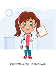 Girl dressed like a doctor holding clipboard in office 