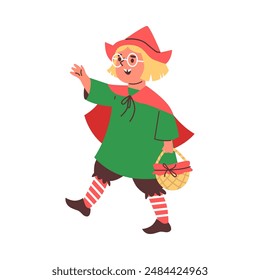 Girl dressed as a Little Red Riding Hood with a basket. Child in costume for a fairy tale theater play vector flat illustration. Cartoon kid actor character performance, theatre show