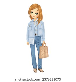 Girl dressed in long shirt and denim suit holding bag