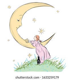 Girl dressed in nightgown talking to the moon holding hands. Black cat sit beside to her. Children's dream. 