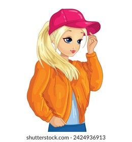 Girl dressed in orange bomber jacket and purple hat