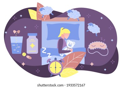 Girl dressed pajamas sleeping in bedroom at night. Top view of teen girl resting in her bed wearing cozy nightdress. Insomnia prevention, healthy sleep, biological rhythms cartoon vector illustration
