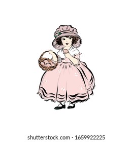 Girl dressed in pink dress and hat holding basket with easter eggs. Lady in vintage style from the nineteenth century.
