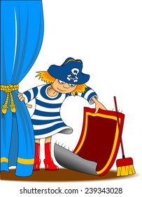 girl dressed as a pirate cleans his room, vector