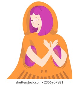 Girl dressed in a pumpkin cloak. Cartoon character in the image of a pumpkin on holiday Halloween 