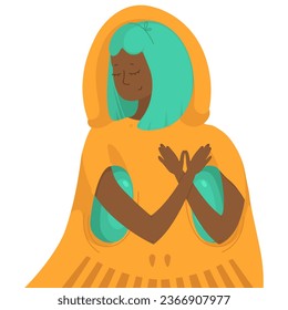 Girl dressed in a pumpkin cloak. Cartoon character in the image of a pumpkin on holiday Halloween 