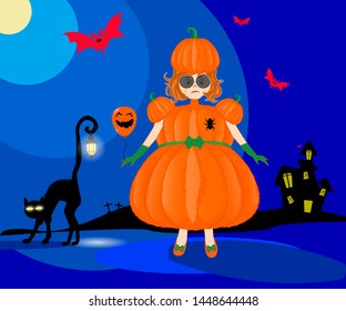 A girl dressed as a pumpkin went out at night with a black cat on the street during the Halloween holiday.