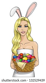 girl dressed as a rabbit with Easter eggs on the isolated background